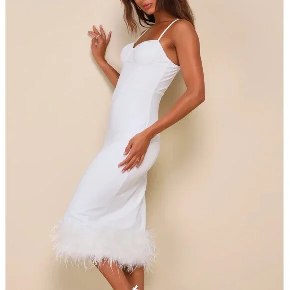 Lulus Passion For Glamour White Sleeveless Bustier Feather Midi Dress - Size L - Picture 4 of 5